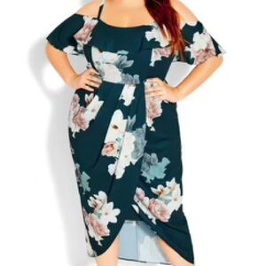 City Chic Dark Emerald Green and Pink Floral Maxi Dress
